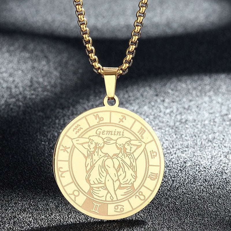 Stainless Steel Zodiac Sign Engraved Necklace | 12 Constellations