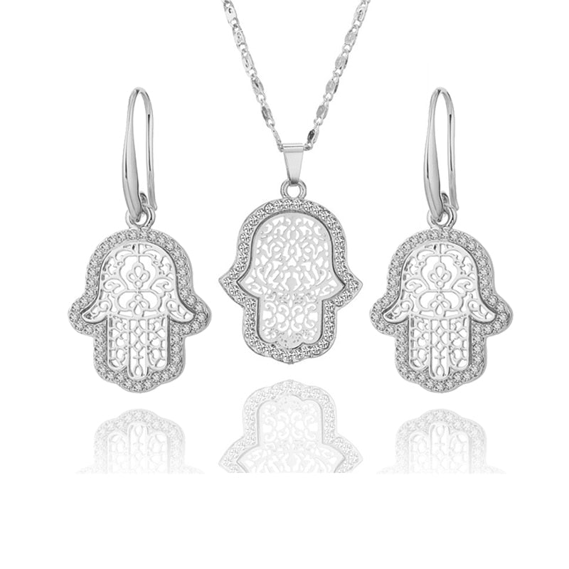 18k Gold Plated Turkish Evil Eye Hand Hamsa Pendant Necklace and Earrings Set | Crystal Jewelry