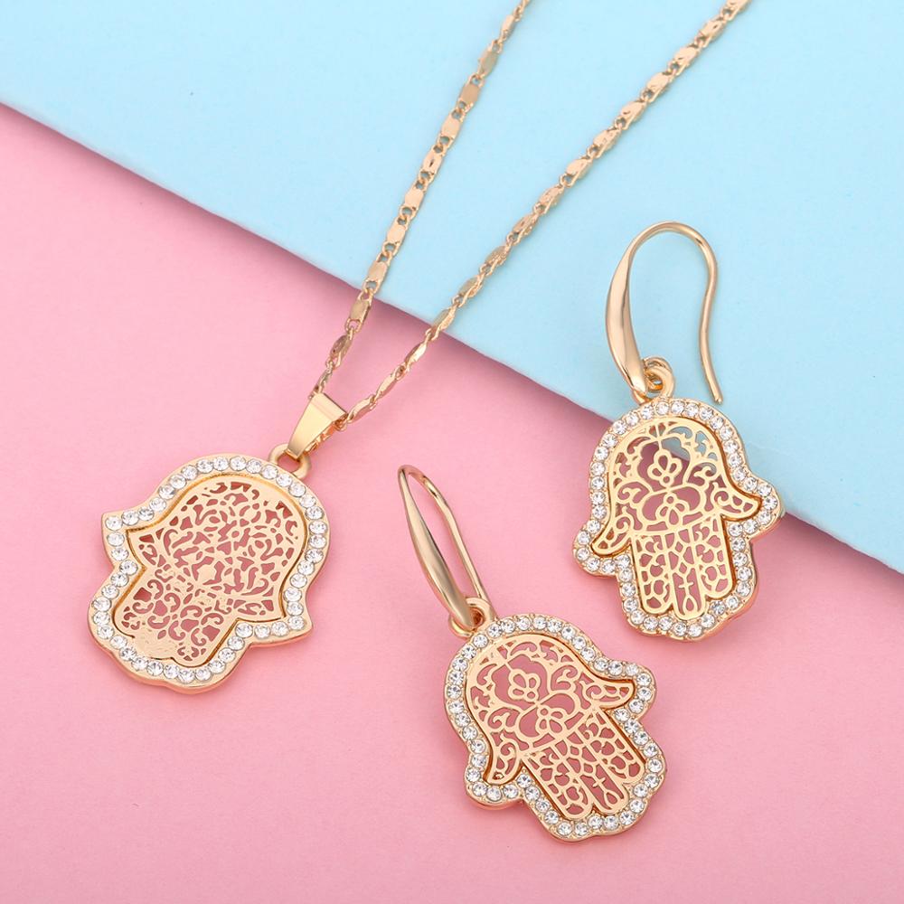 18k Gold Plated Turkish Evil Eye Hand Hamsa Pendant Necklace and Earrings Set | Crystal Jewelry
