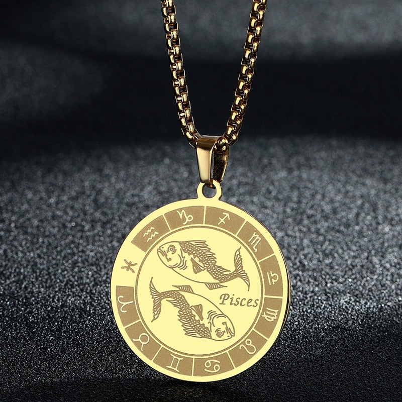 Stainless Steel Zodiac Sign Engraved Necklace | 12 Constellations