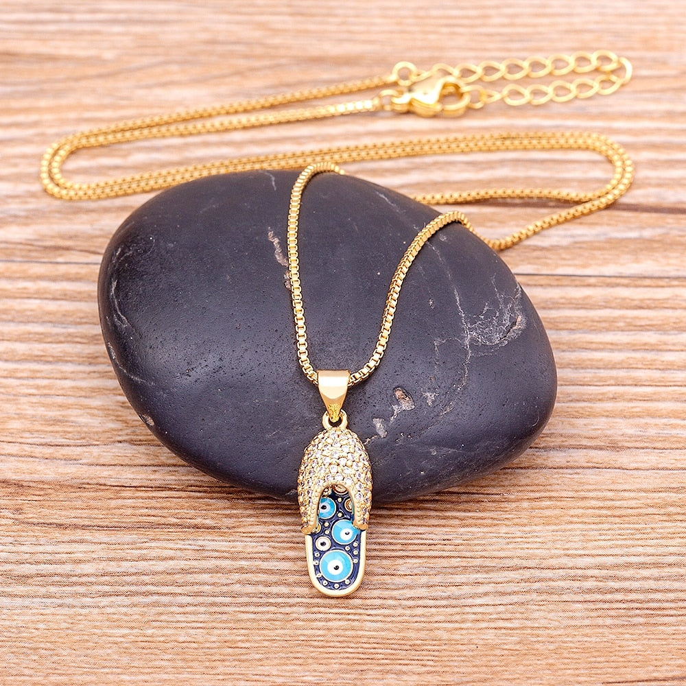 Enamel Evil Eye Flip-Flop - Sandal - Slipper Pendant and Necklace