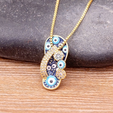 Enamel Evil Eye Flip-Flop - Sandal - Slipper Pendant and Necklace