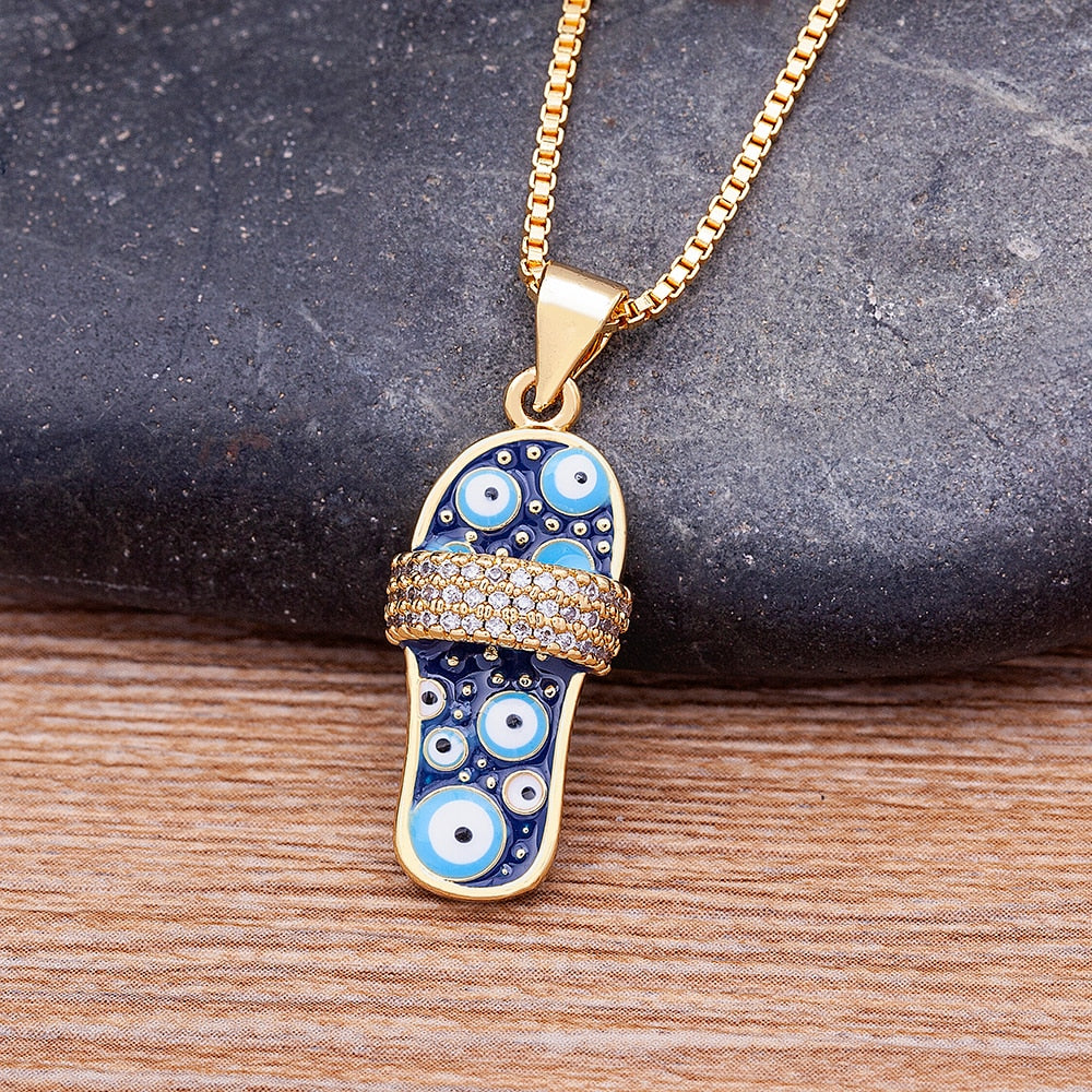 Enamel Evil Eye Flip-Flop - Sandal - Slipper Pendant and Necklace