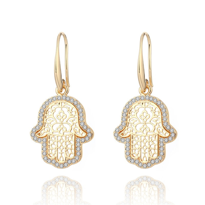 18k Gold Plated Turkish Evil Eye Hand Hamsa Pendant Necklace and Earrings Set | Crystal Jewelry