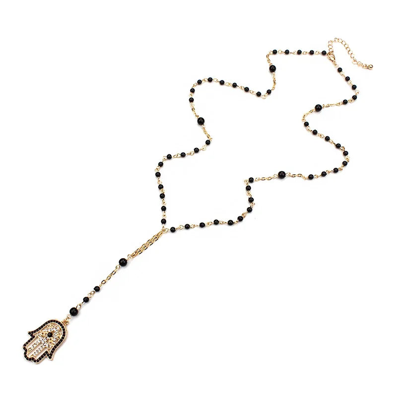 Black Evil Eye Hamsa Necklace | Gold, Beaded