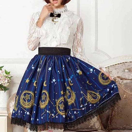 Blue Celestial Elegant Skirt Moon | Star - Moon Lace Pattern Printed