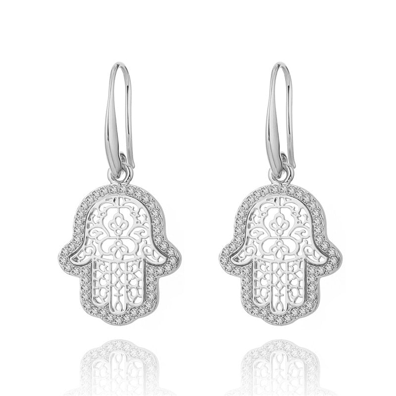 18k Gold Plated Turkish Evil Eye Hand Hamsa Pendant Necklace and Earrings Set | Crystal Jewelry