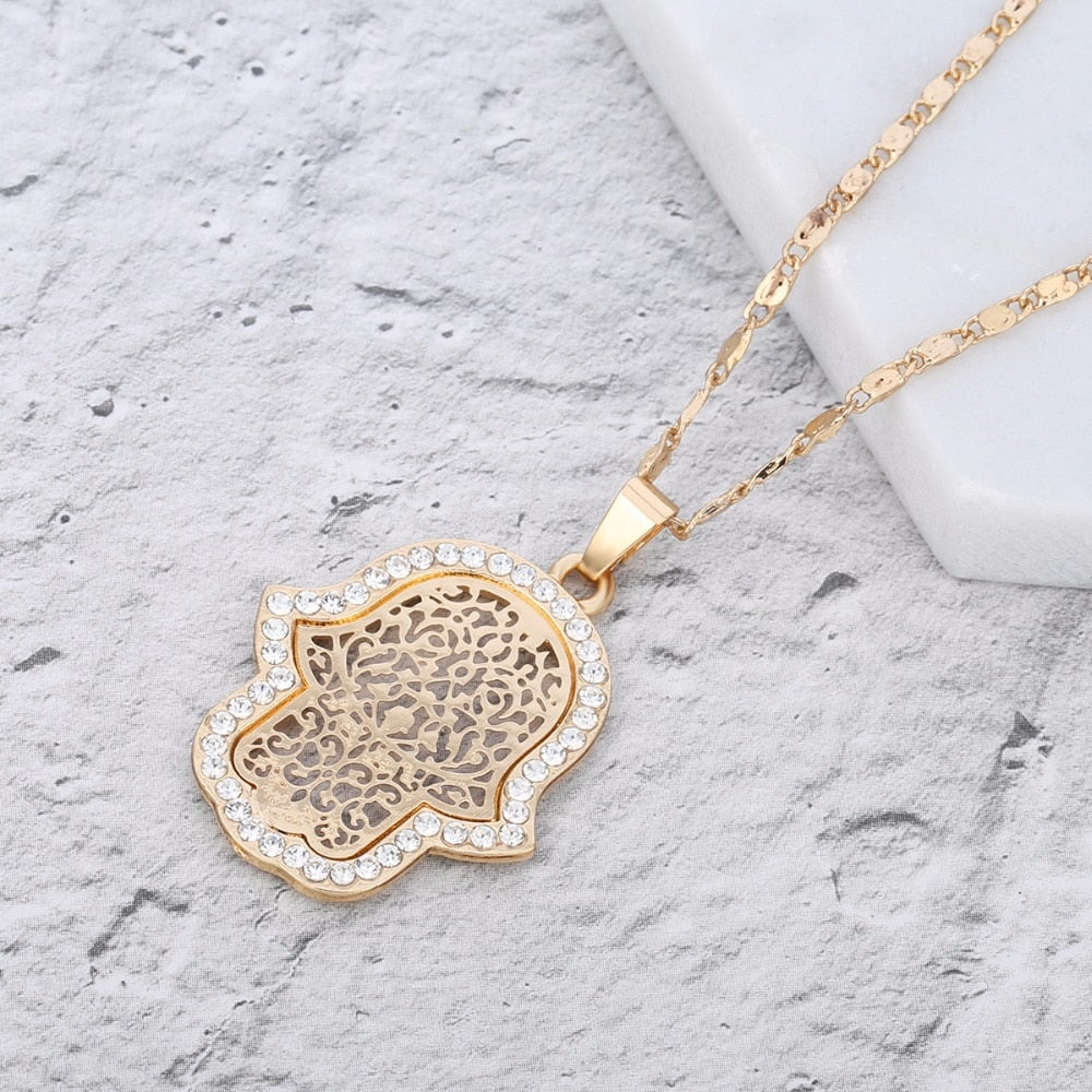 18k Gold Plated Turkish Evil Eye Hand Hamsa Pendant Necklace and Earrings Set | Crystal Jewelry
