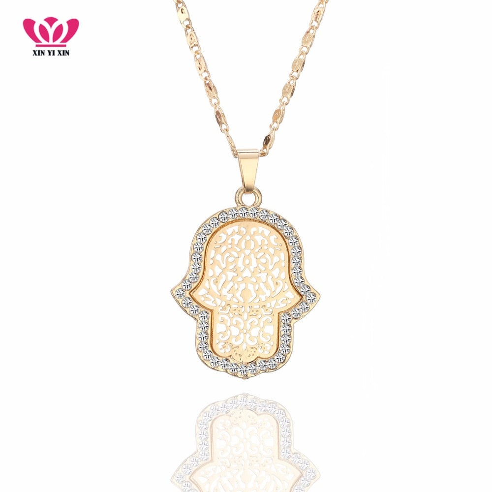 18k Gold Plated Turkish Evil Eye Hand Hamsa Pendant Necklace and Earrings Set | Crystal Jewelry