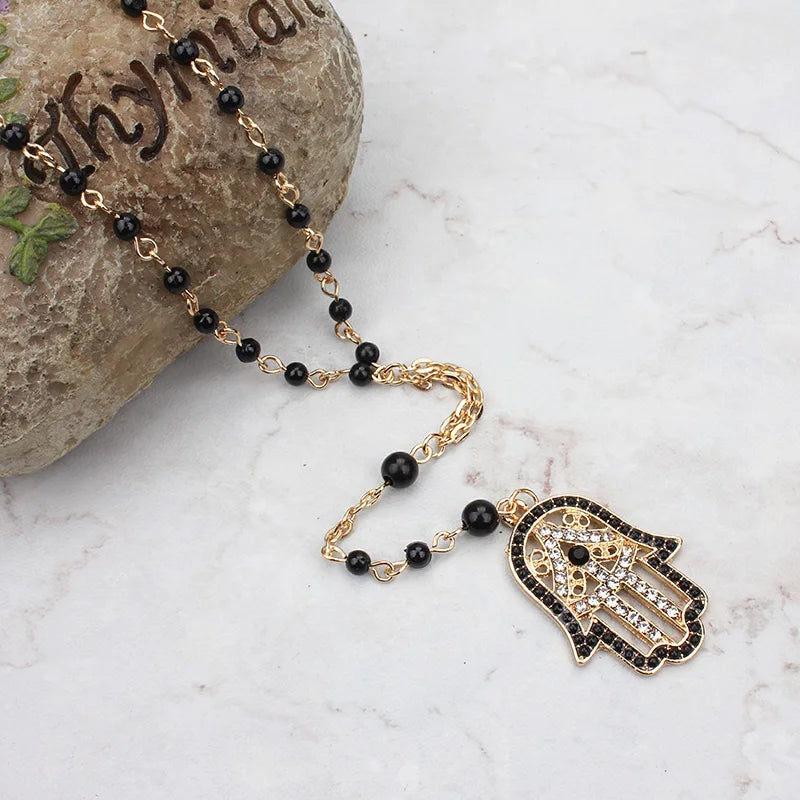 Black Evil Eye Hamsa Necklace | Gold, Beaded