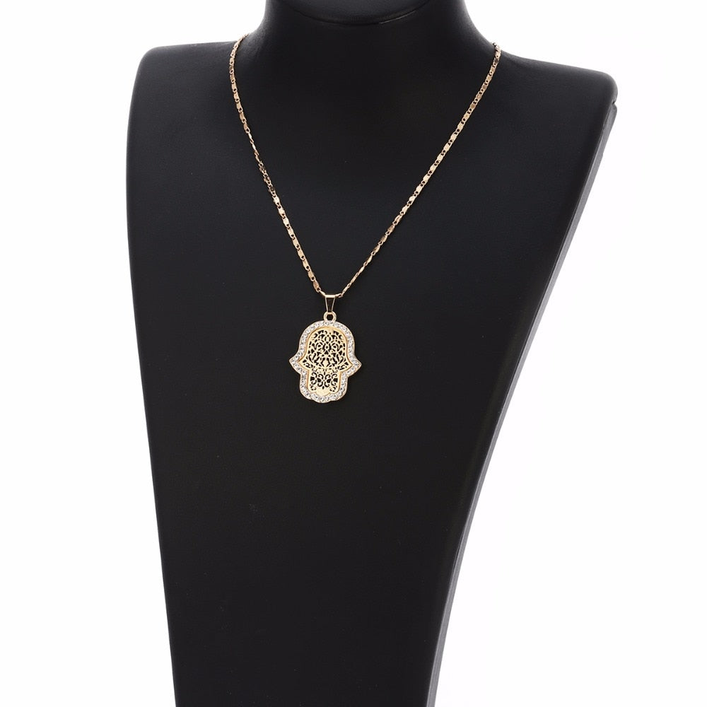 18k Gold Plated Turkish Evil Eye Hand Hamsa Pendant Necklace and Earrings Set | Crystal Jewelry