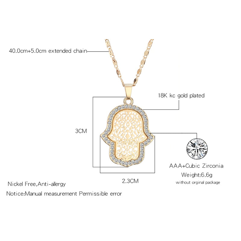 18k Gold Plated Turkish Evil Eye Hand Hamsa Pendant Necklace and Earrings Set | Crystal Jewelry