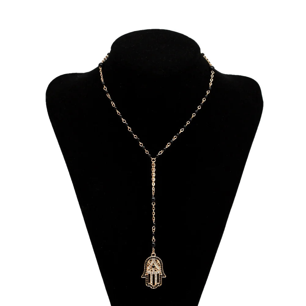 Black Evil Eye Hamsa Necklace | Gold, Beaded