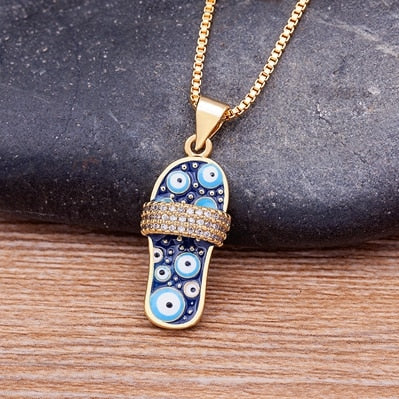 Enamel Evil Eye Flip-Flop - Sandal - Slipper Pendant and Necklace