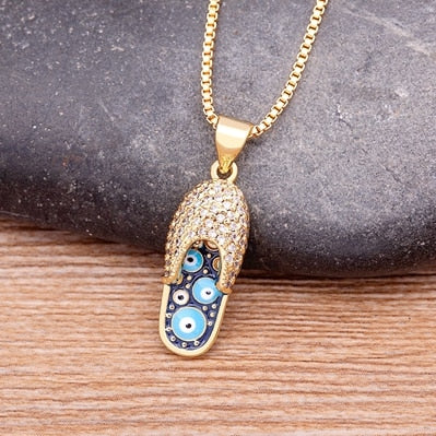 Enamel Evil Eye Flip-Flop - Sandal - Slipper Pendant and Necklace