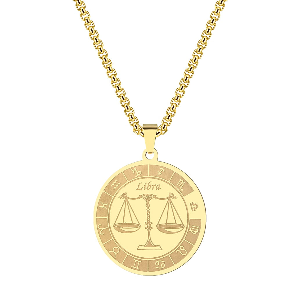 Stainless Steel Zodiac Sign Engraved Necklace | 12 Constellations