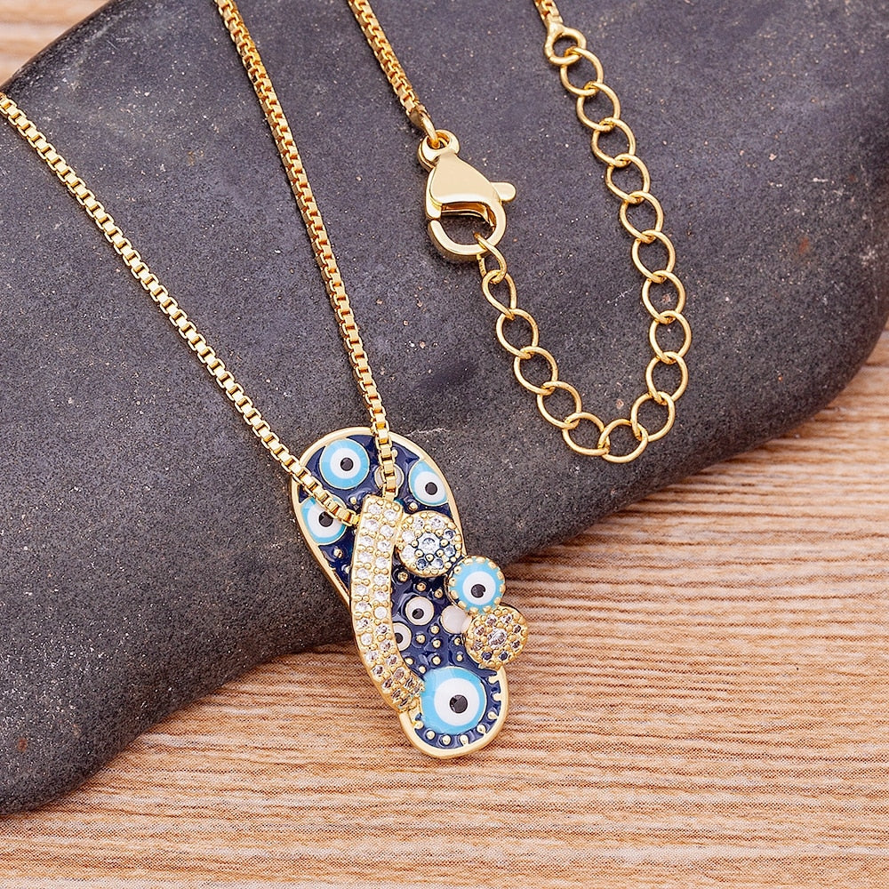 Enamel Evil Eye Flip-Flop - Sandal - Slipper Pendant and Necklace