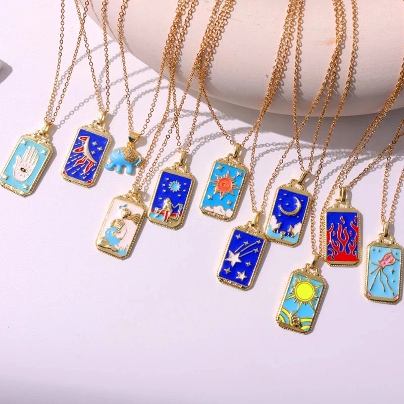 Dainty Gold Blue Enamel Tarot Card themed Necklaces