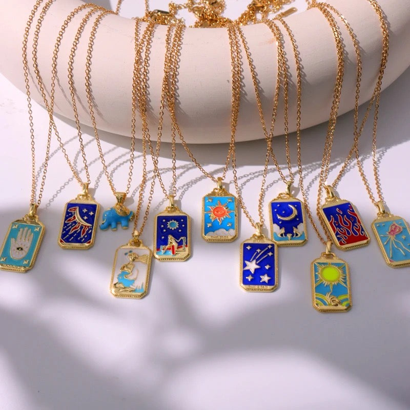 Dainty Gold Blue Enamel Tarot Card themed Necklaces