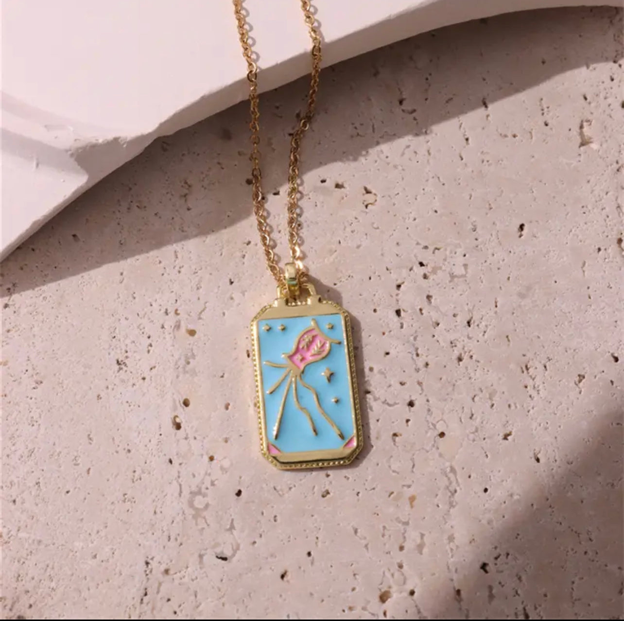 Dainty Gold Blue Enamel Tarot Card themed Necklaces