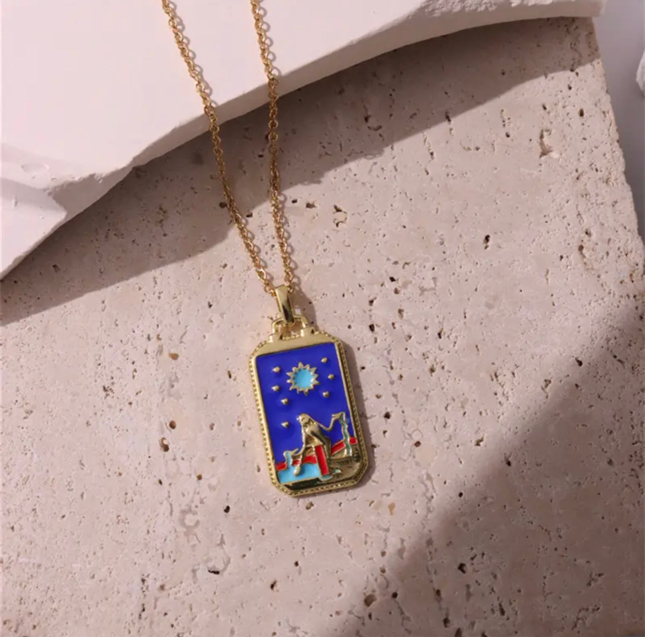 Dainty Gold Blue Enamel Tarot Card themed Necklaces