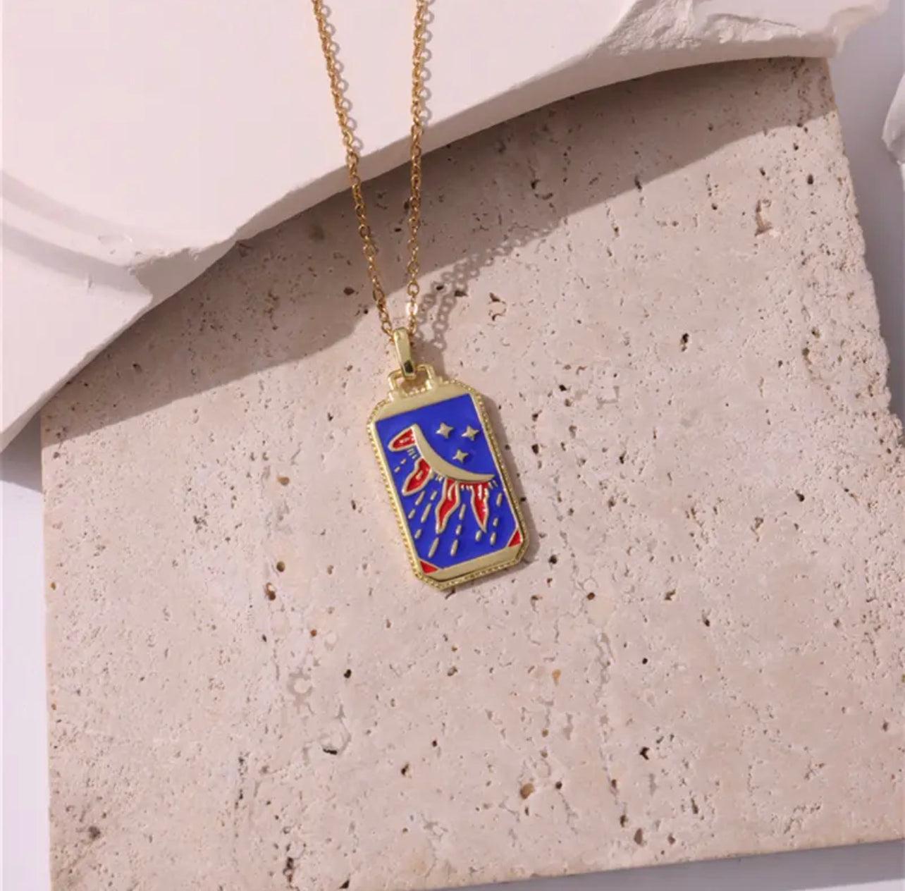 Dainty Gold Blue Enamel Tarot Card themed Necklaces