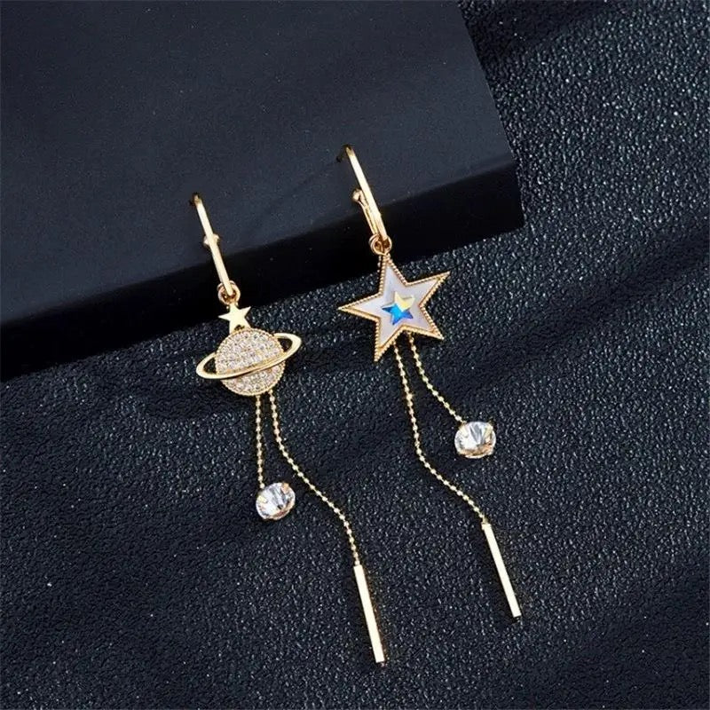 Celestial Drop Earrings | Gold Starry Planets, Saturn Design