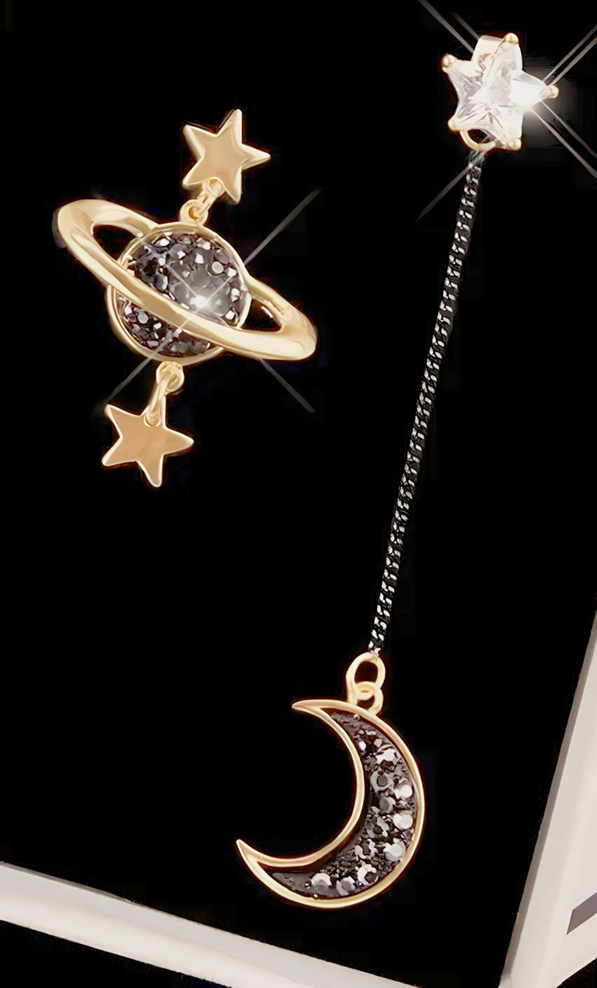 Celestial Drop Earrings | Stars, Planets, Moon, Saturn | Gold, Black