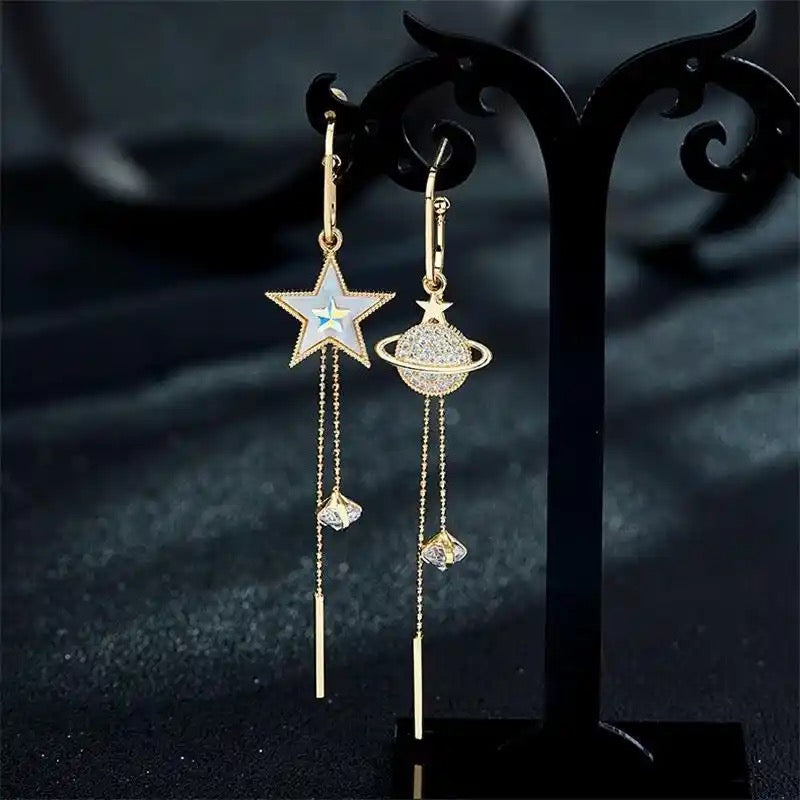 Celestial Drop Earrings | Gold Starry Planets, Saturn Design