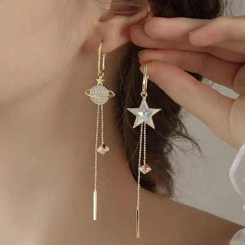 Celestial Drop Earrings | Gold Starry Planets, Saturn Design
