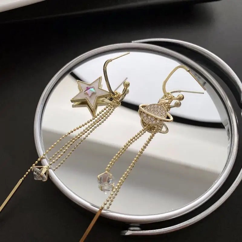Celestial Drop Earrings | Gold Starry Planets, Saturn Design