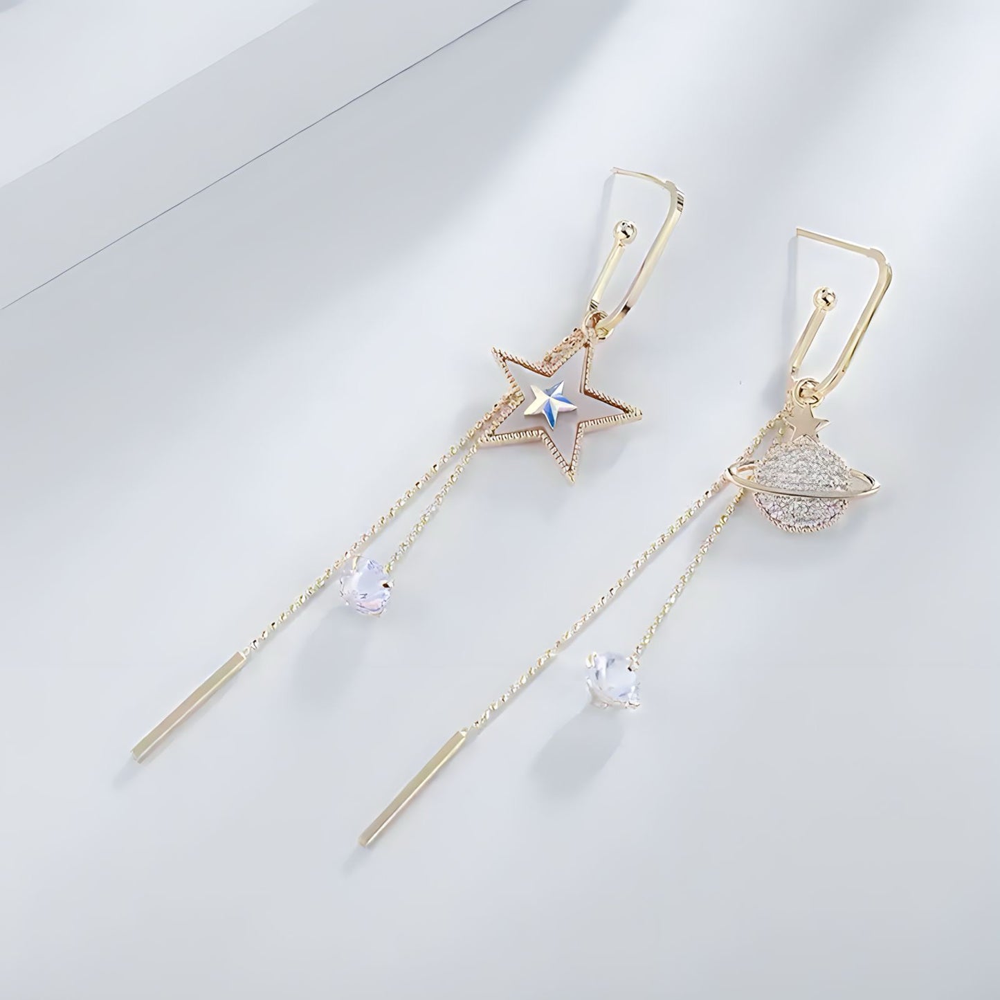 Celestial Drop Earrings | Gold Starry Planets, Saturn Design