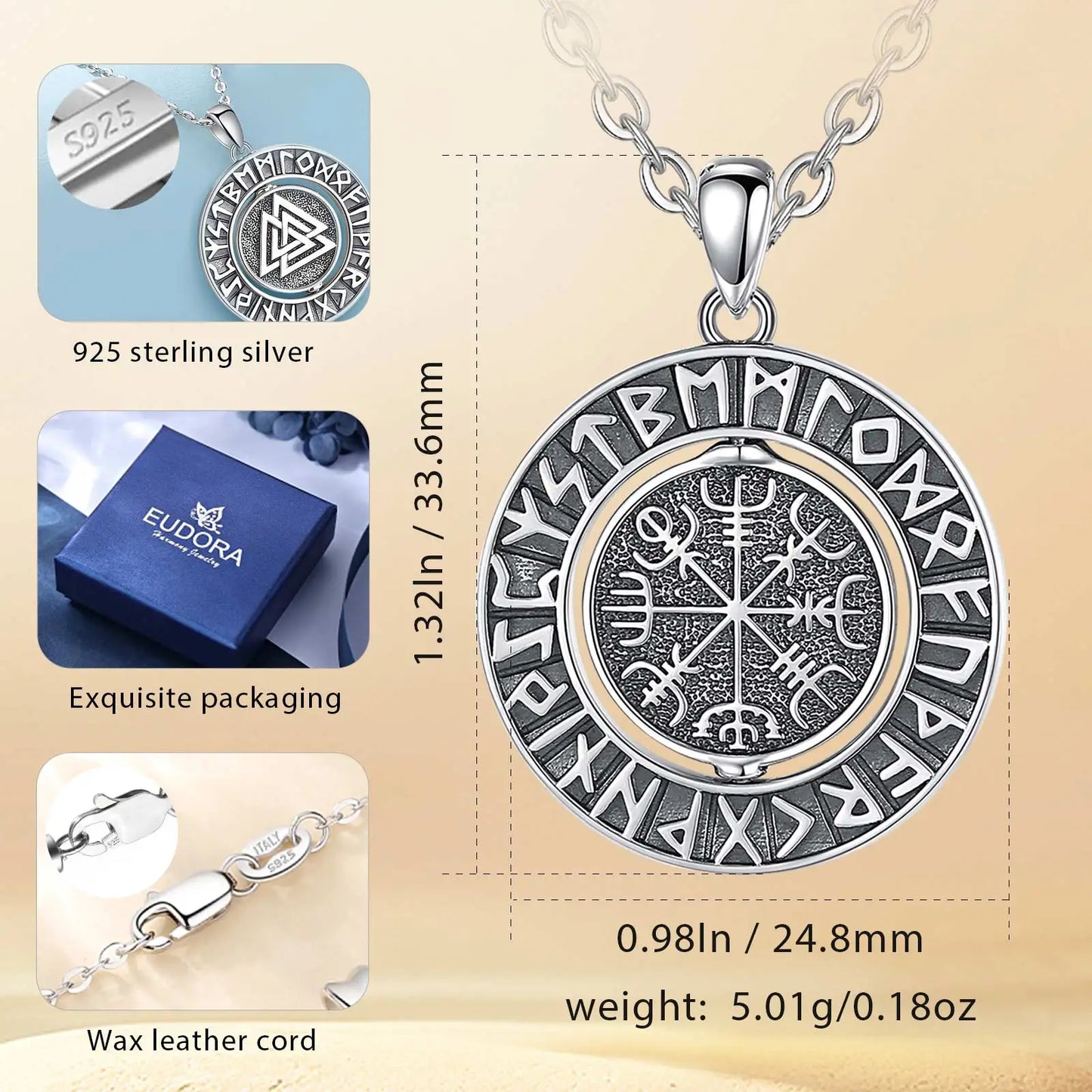 925 Sterling Silver Viking Runes Pendant for Women and Man, Norse Viking Amulet Necklace