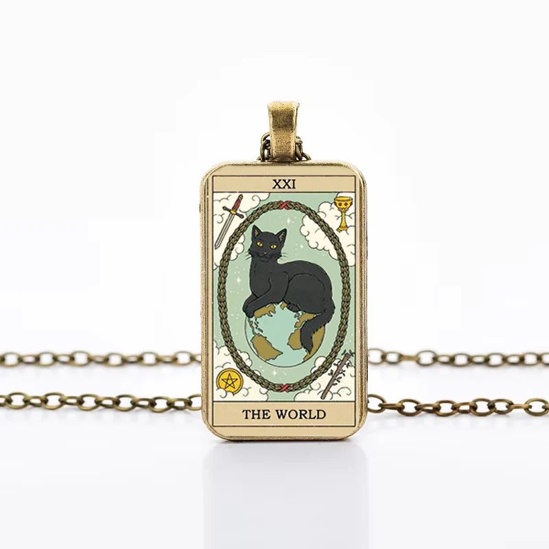 Cute Cat Tarot Card Necklace, Vintage Antique Gold Plated Divination Jewelry
