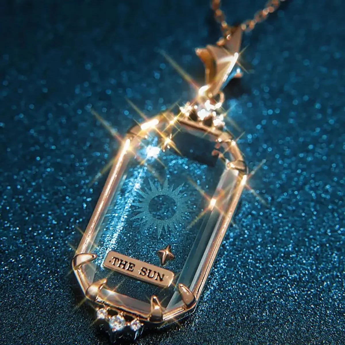 Tarot Card Pendant Necklace, Transparent Crystal Star Moon Sun