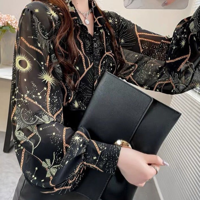Women's Astrology - Sun / Moon / Stars Shirt - Summer Button Up