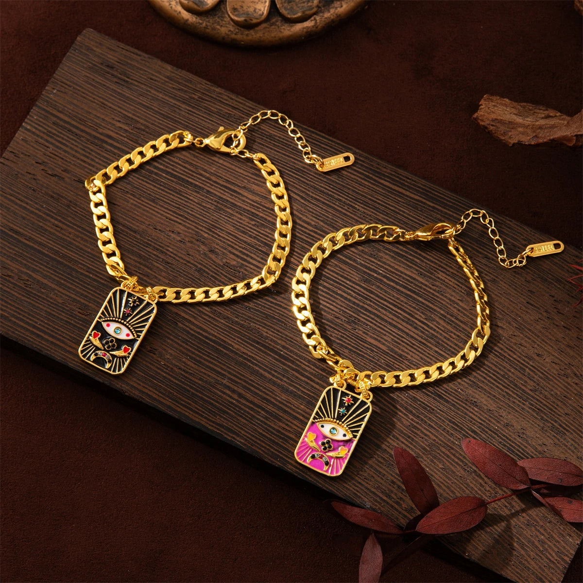 Gold - Pink Evil Eye Heavy Chain Necklace & Bracelet