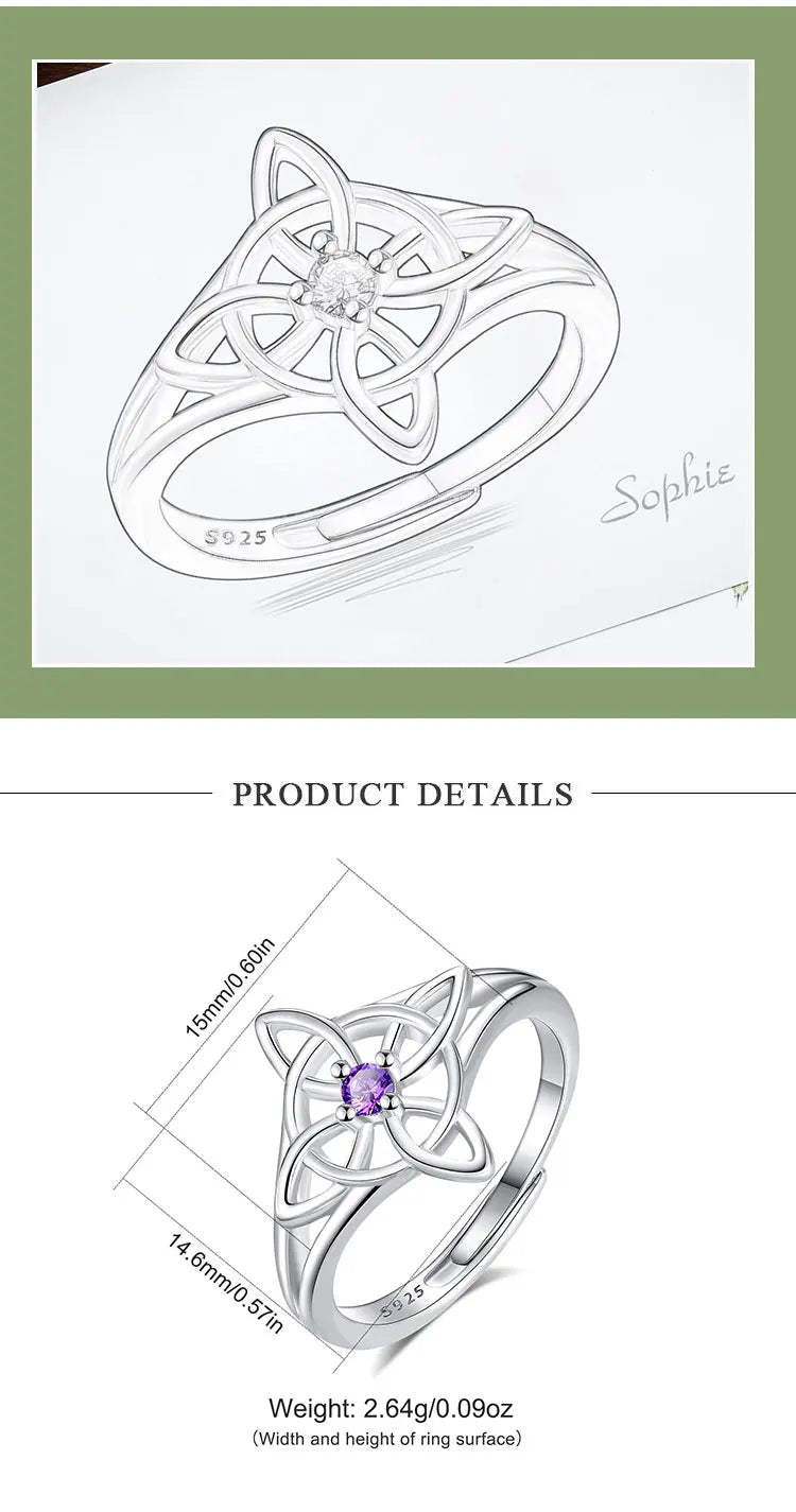 925 Sterling Silver Witch Knot Adjustable Ring for Women, Celtic Knot