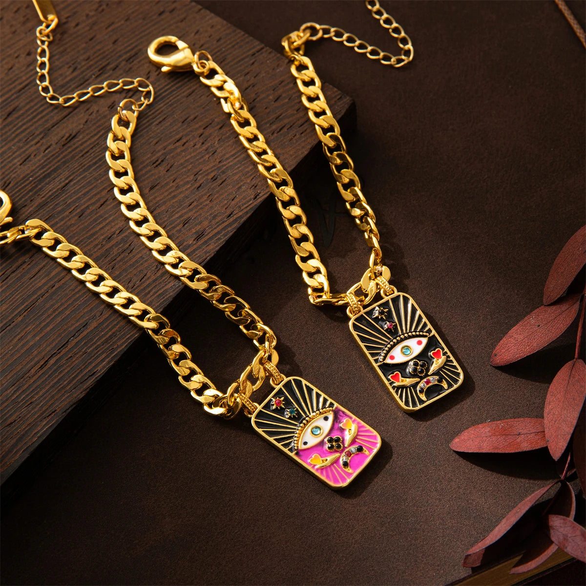 Gold - Pink Evil Eye Heavy Chain Necklace & Bracelet