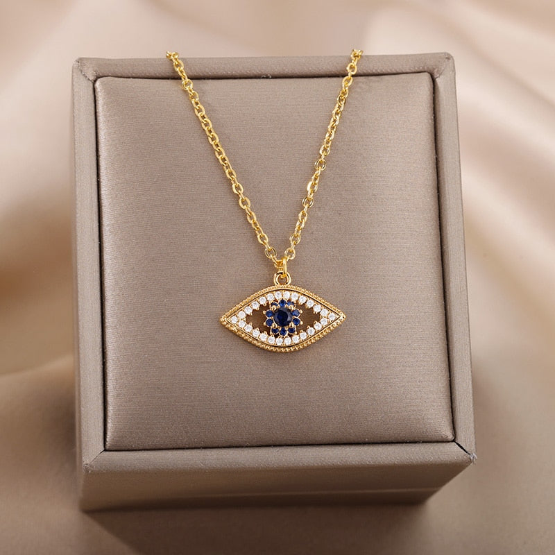 Turkish Evil Eye Gold Pendant Necklace for Women | Natural Crystal Cubic Zirconia