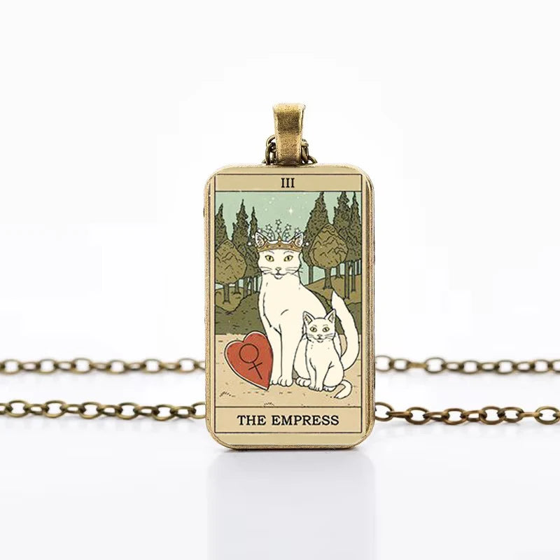 Cute Cat Tarot Card Necklace, Vintage Antique Gold Plated Divination Jewelry
