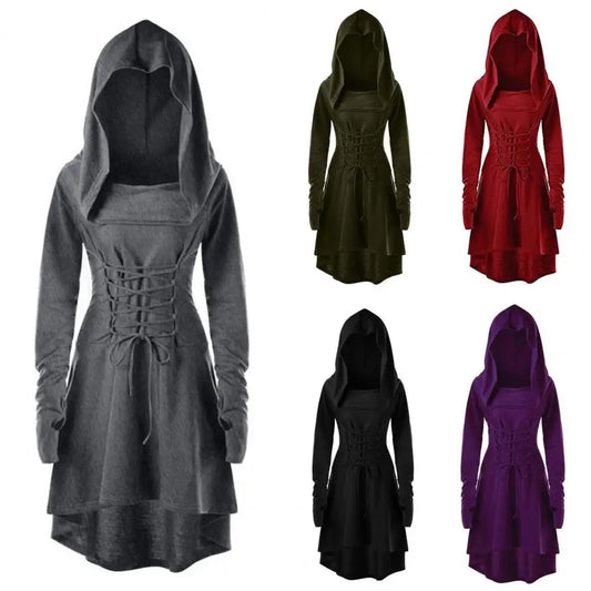 A collection of hooded cosplay dresses in various colors, featuring long sleeves, lace-up details, and a hood.