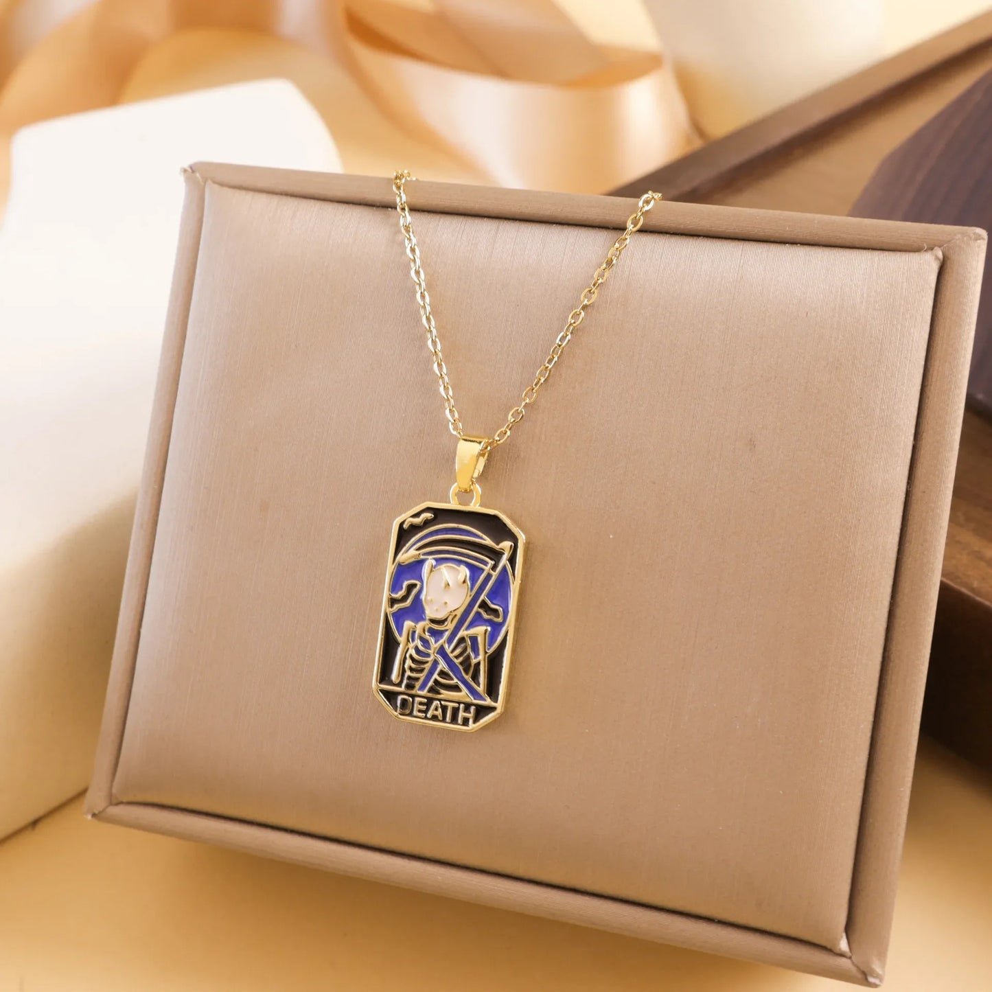 Gold Tarot Card Necklace, Stainless Steel and Bright Enamel Design