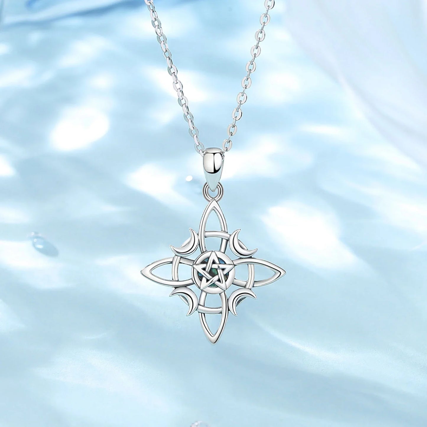 Witchcraft Celtic Knot Triple Moon Necklace for Women, Wicca Pentagram Pendant