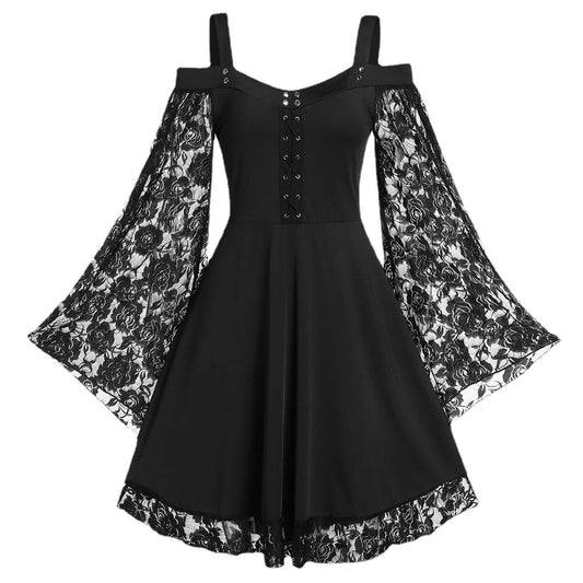 Women's Witchy Dresses | Black Large Sleeves | Floral, Dark Forest Design