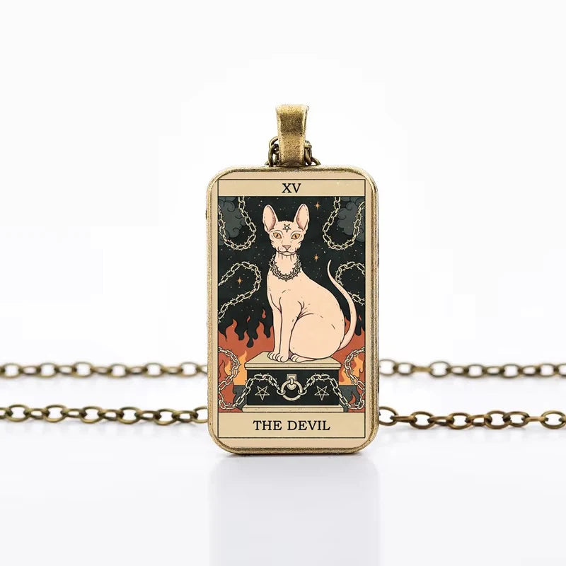 Cute Cat Tarot Card Necklace, Vintage Antique Gold Plated Divination Jewelry