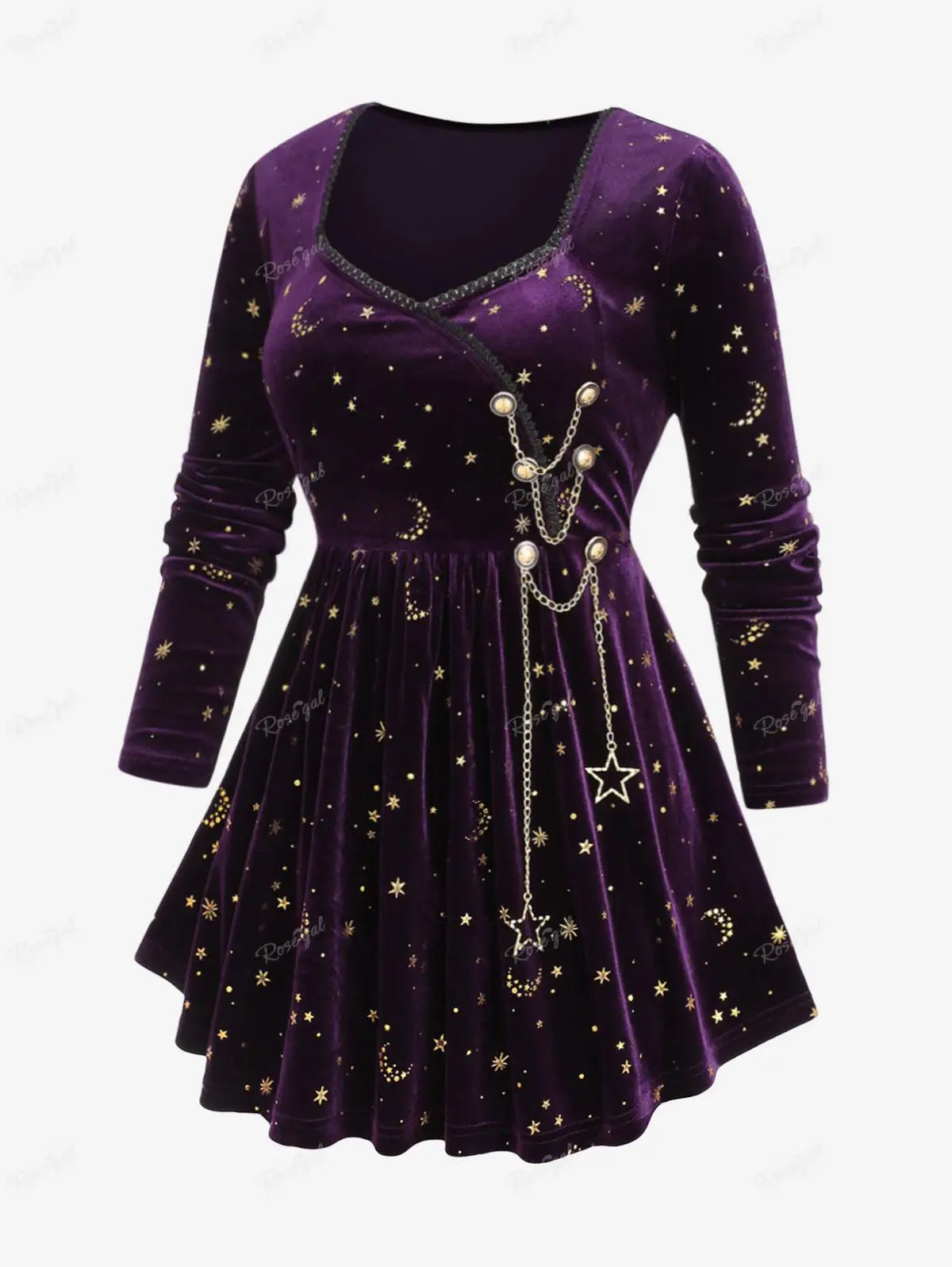 Whimsigothic Celestial Velvet Dress, Gothic Style Starry Moon Lace Dress