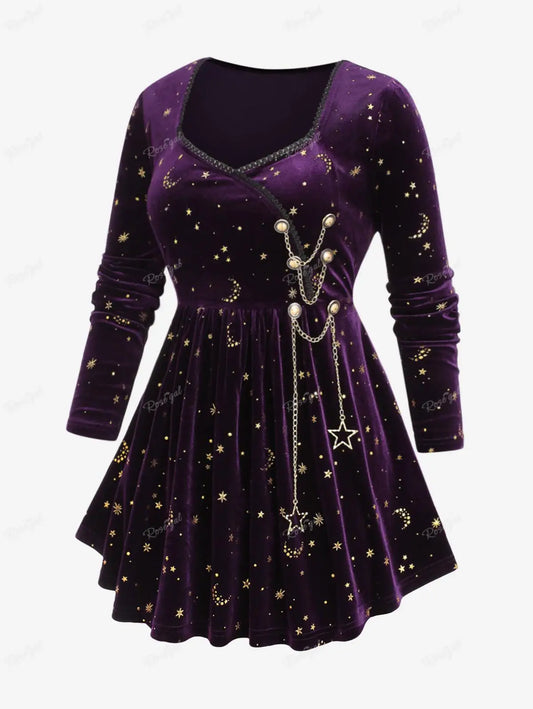 Whimsigothic Celestial Velvet Dress, Gothic Style Starry Moon Lace Dress