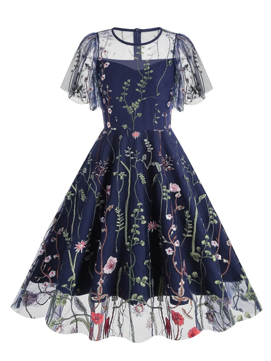 Elegant Floral Embroidered A-Line Dress with Mesh Butterfly Sleeves