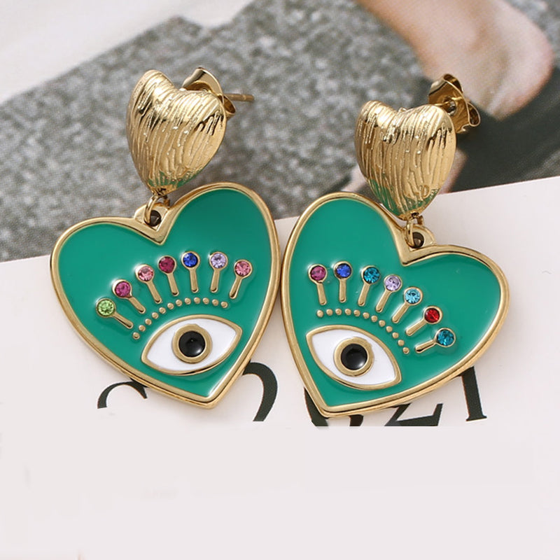 Colorful Evil Eye Heart Earrings | 14k Gold Plated | Nazar Jewelry